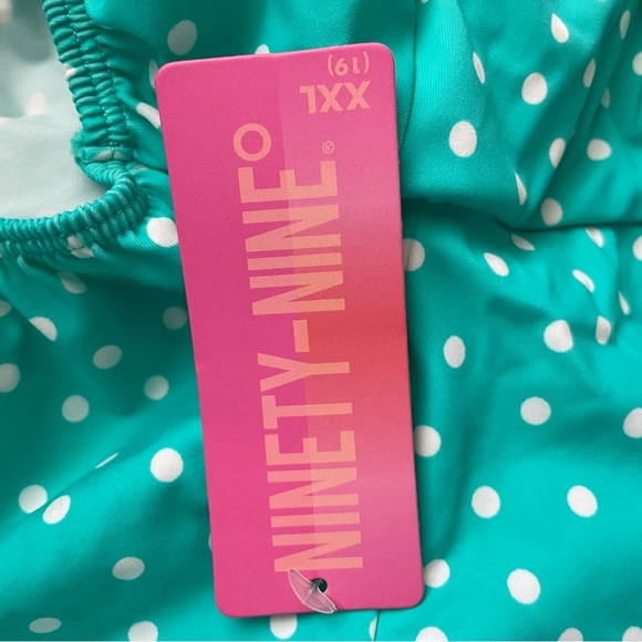 Polka Dot Swimsuit Puff Sleeve Top, Turquoise & White - Picture 6 of 6